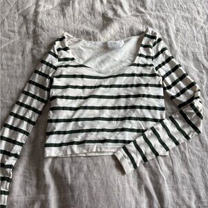 Altar'd State White & Dark Green Striped Cropped Long Sleeve Top